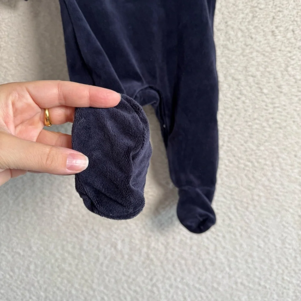 Petit Lem Baby Goodnight Embroidered Velour Navy Moon‎ Footed Sleeper 6 months